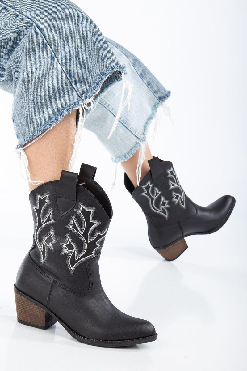 Women's Black Leather Heeled Embroidered Cowboy Boots - STREETMODE™