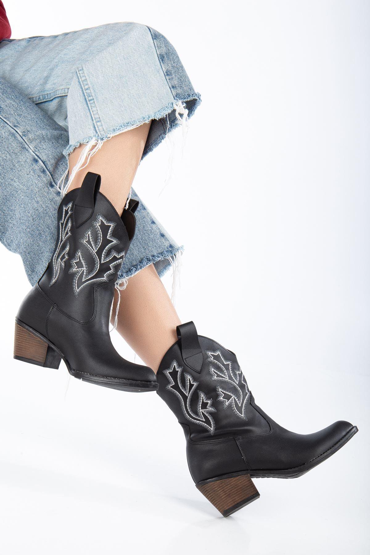 Women's Black Leather Heeled Embroidered Cowboy Boots - STREETMODE™