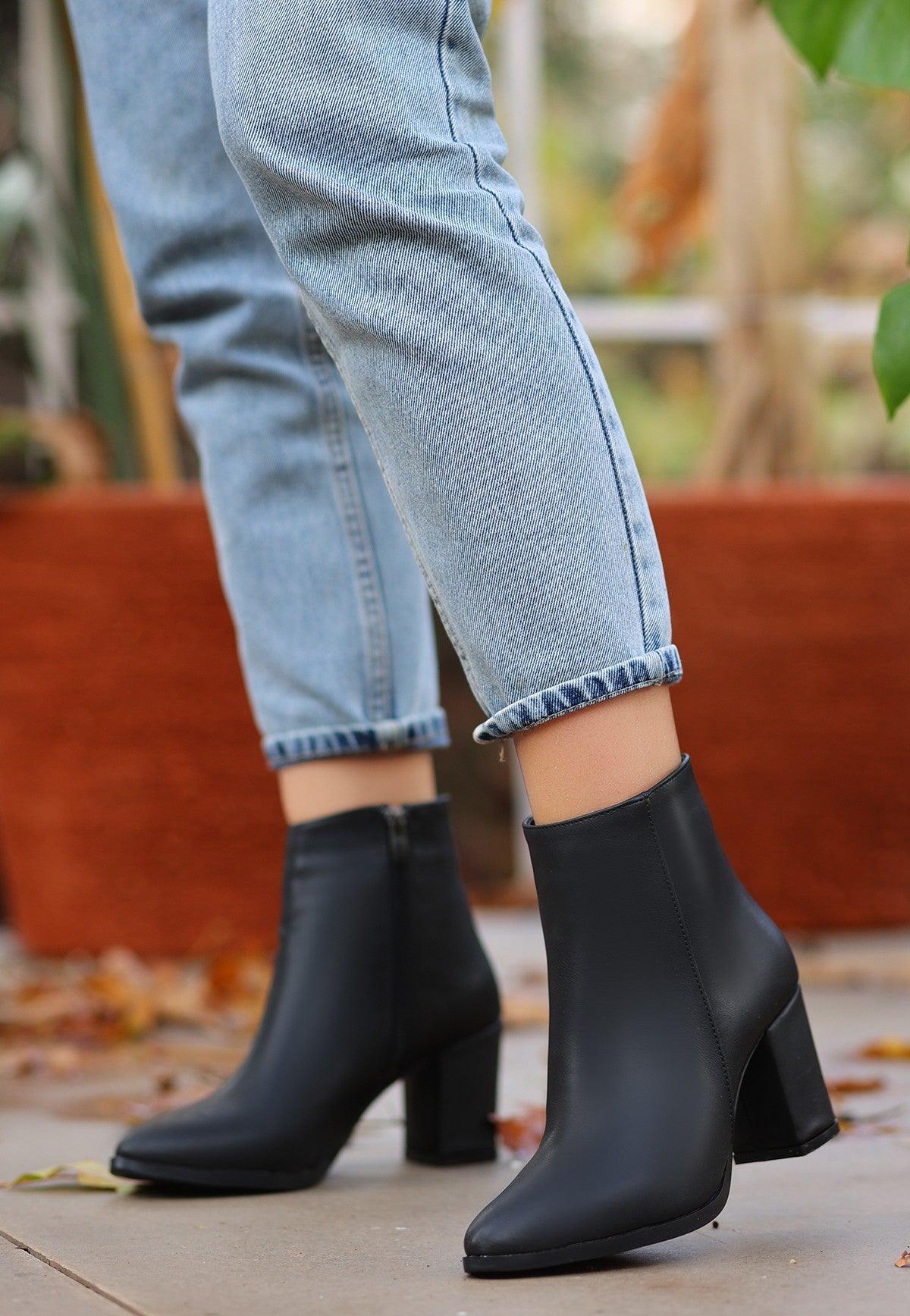 Women's Black Leather High Heel Boots - STREETMODE™