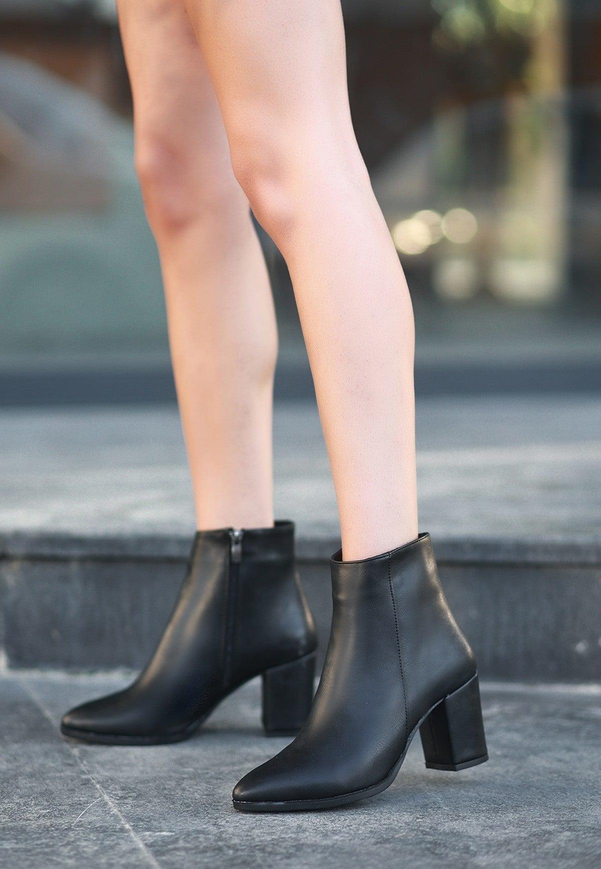 Women's Black Leather High Heel Boots - STREETMODE™