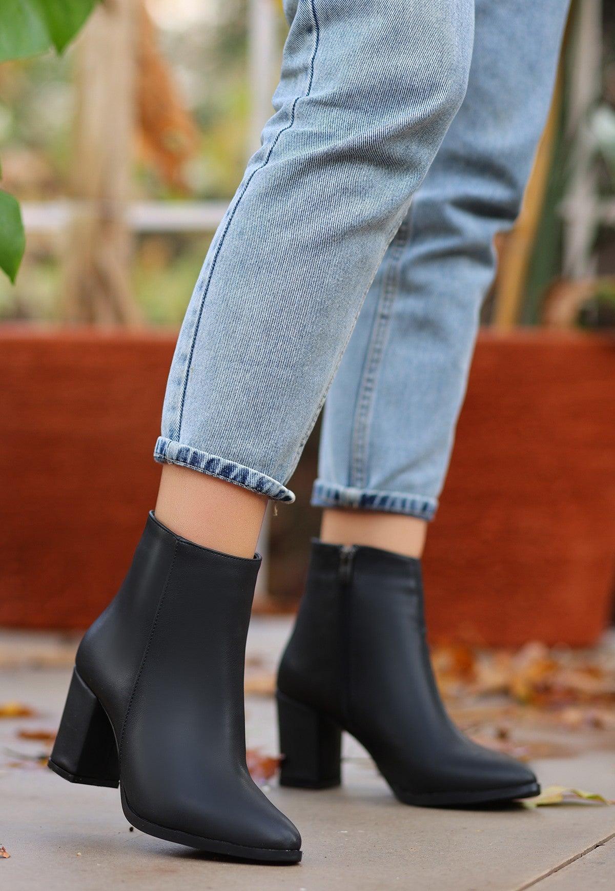 Women's Black Leather High Heel Boots - STREETMODE™