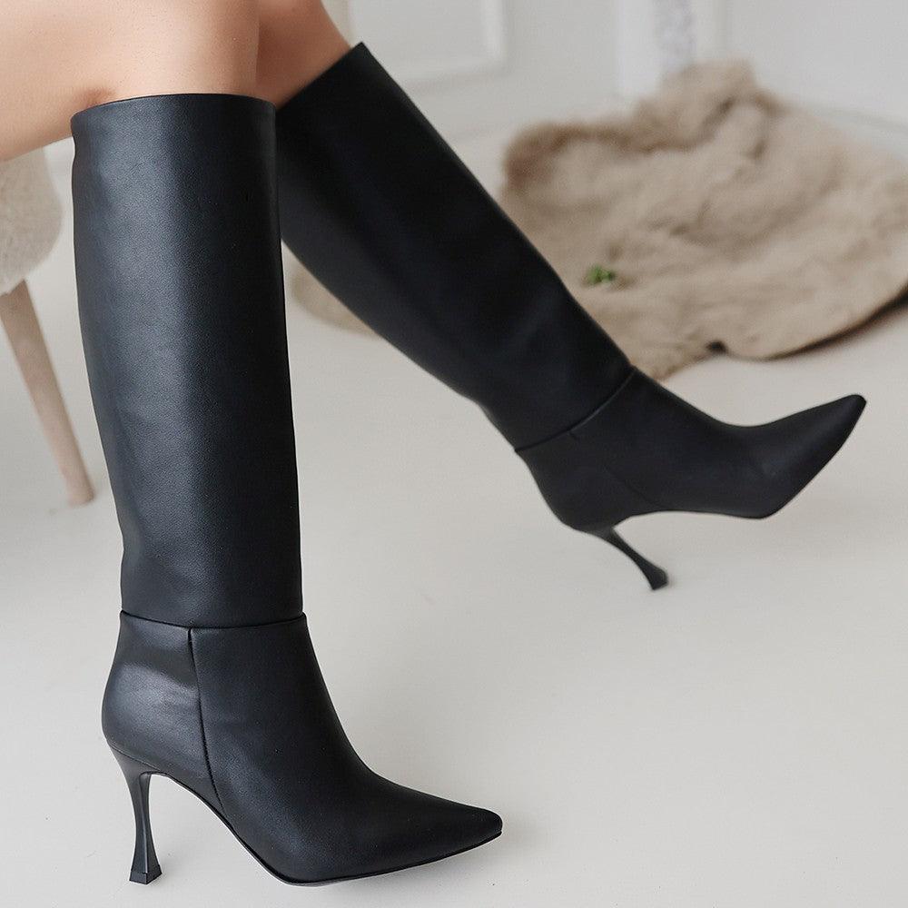 Women's Black Leather High Heel Boots - STREETMODE™