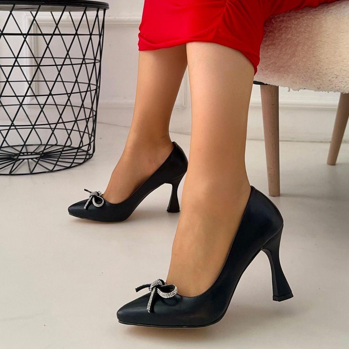 Women's Black Leather High Heel Shoes - STREETMODE™