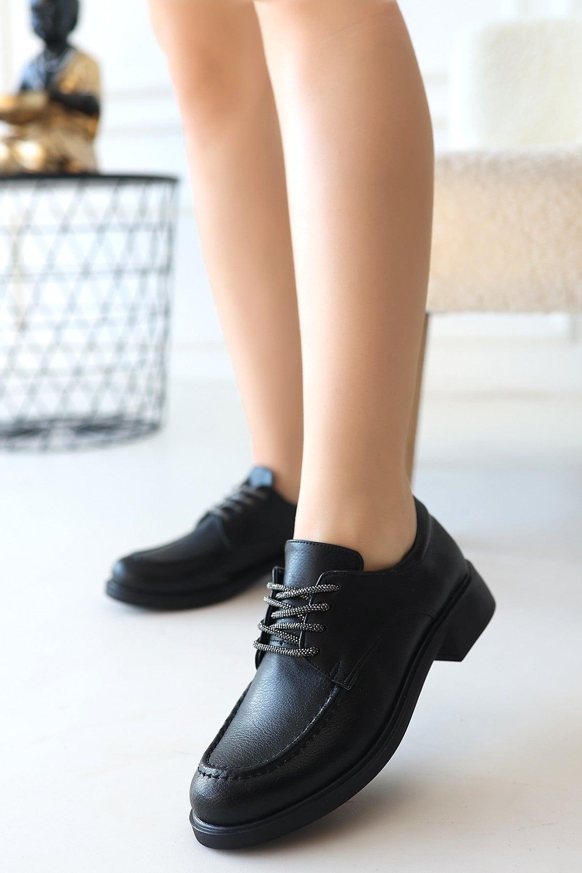 Women's Black Leather Lace-Up Ballerina Shoes - STREETMODE™