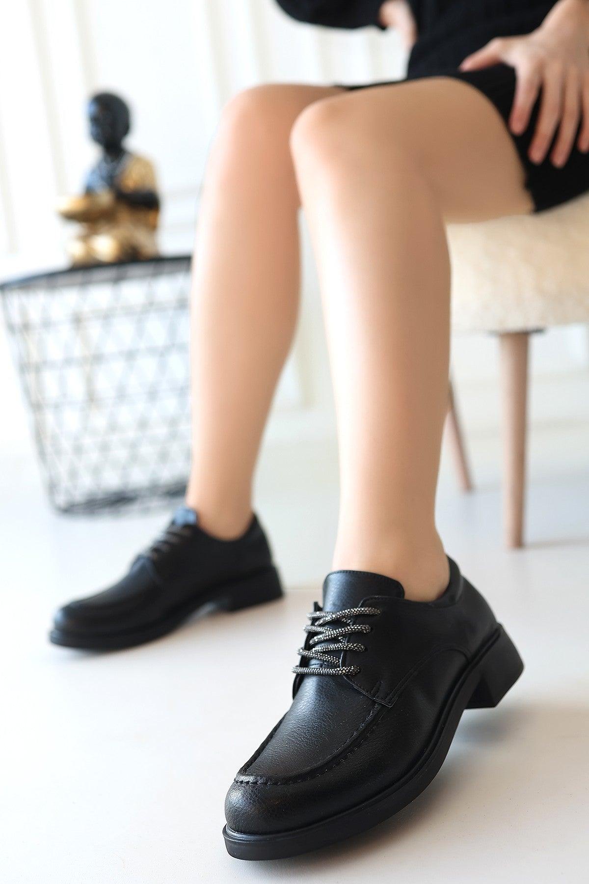 Women's Black Leather Lace-Up Ballerina Shoes - STREETMODE™