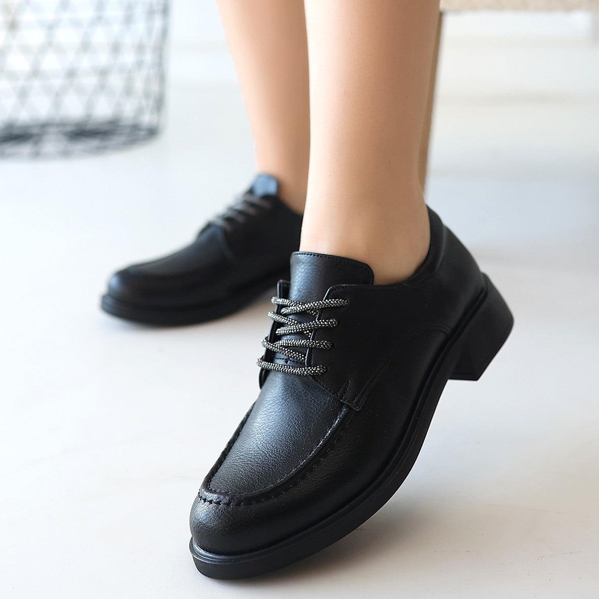 Women's Black Leather Lace-Up Ballerina Shoes - STREETMODE™