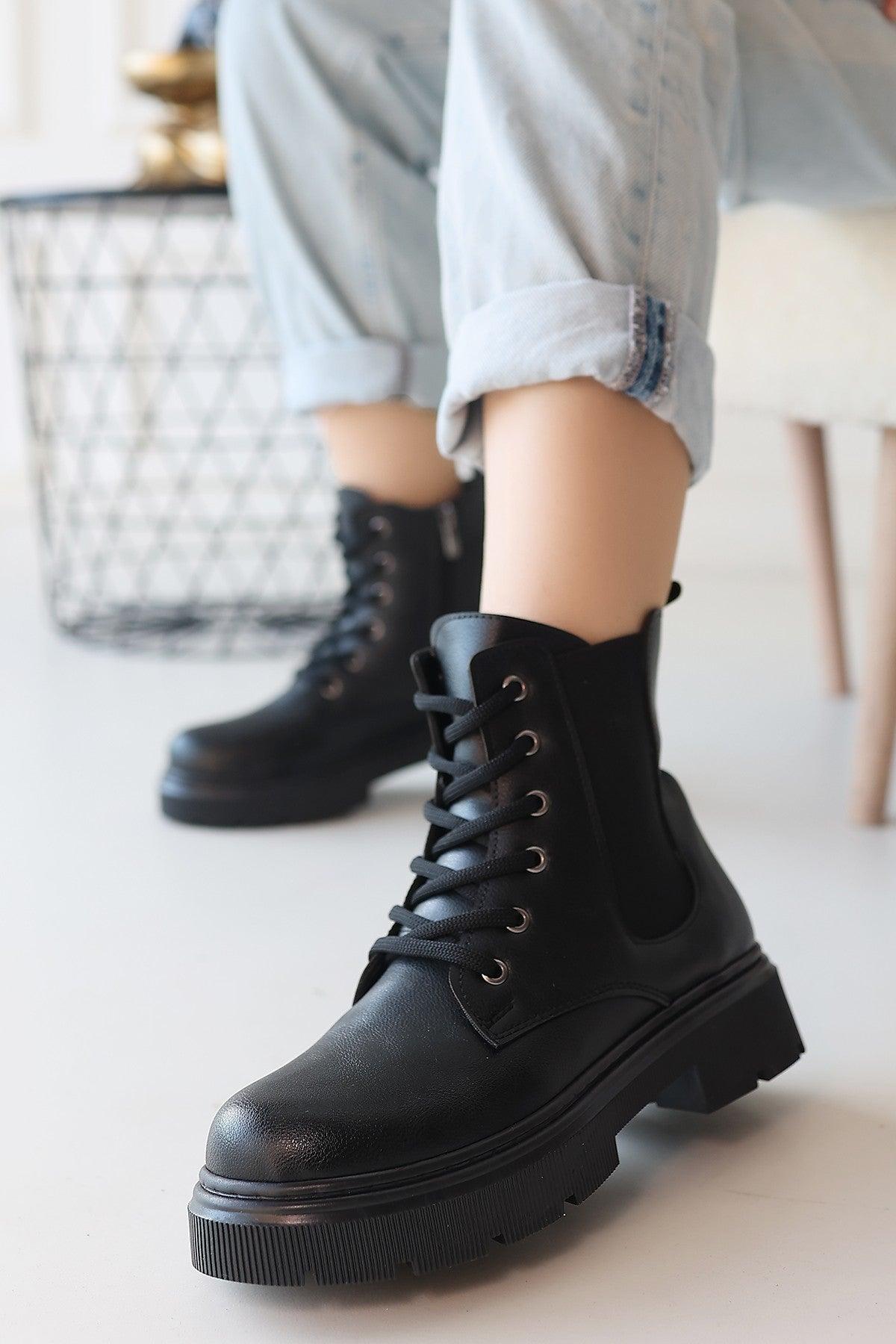 Women's Black Leather Lace-Up Boots - STREETMODE™