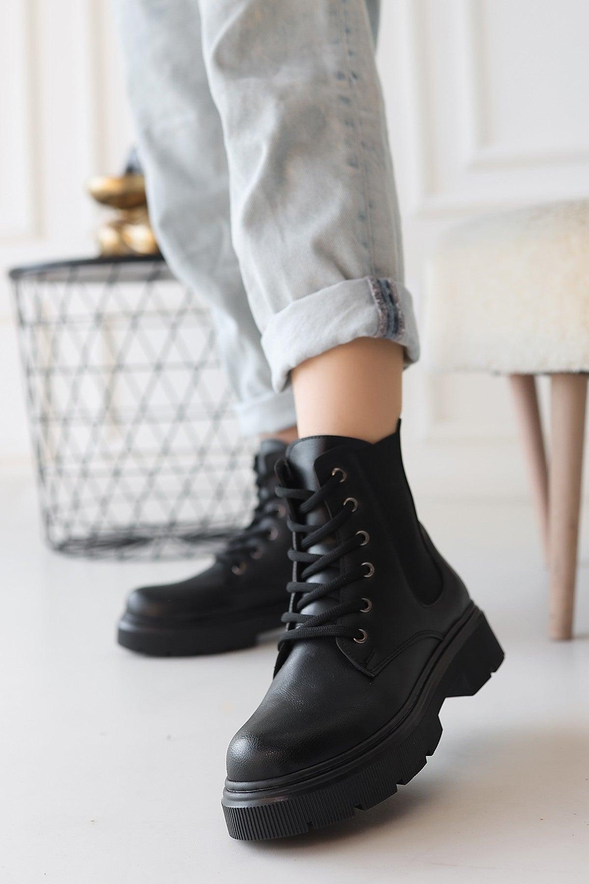 Women's Black Leather Lace-Up Boots - STREETMODE™