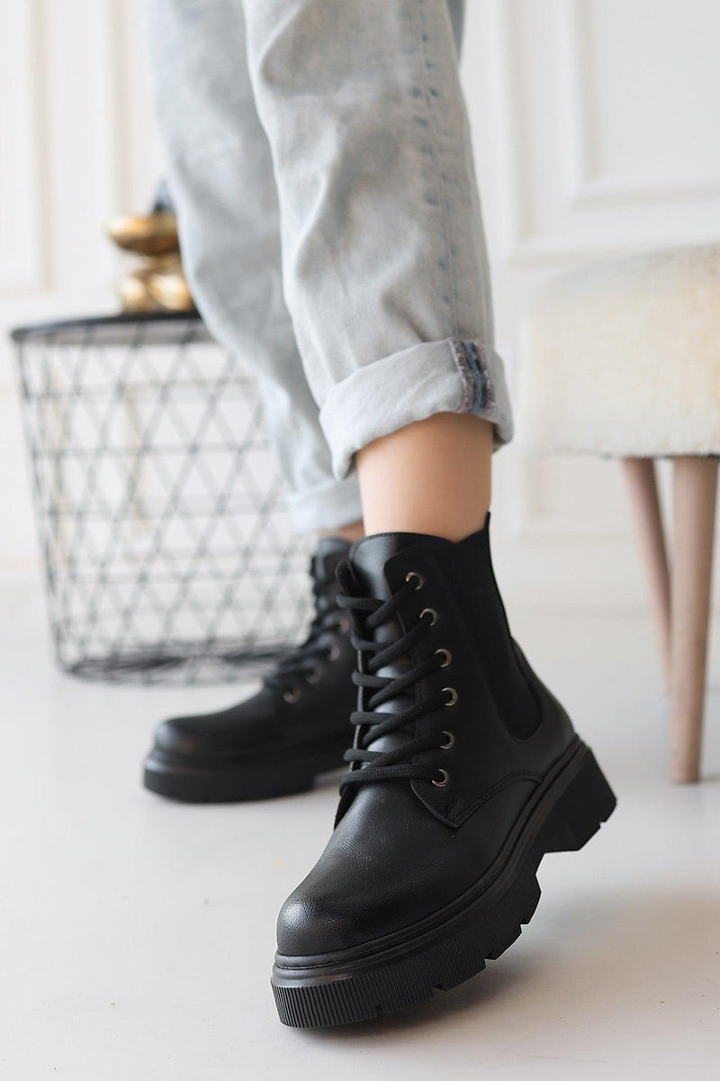 Women's Black Leather Lace-Up Boots - STREETMODE™