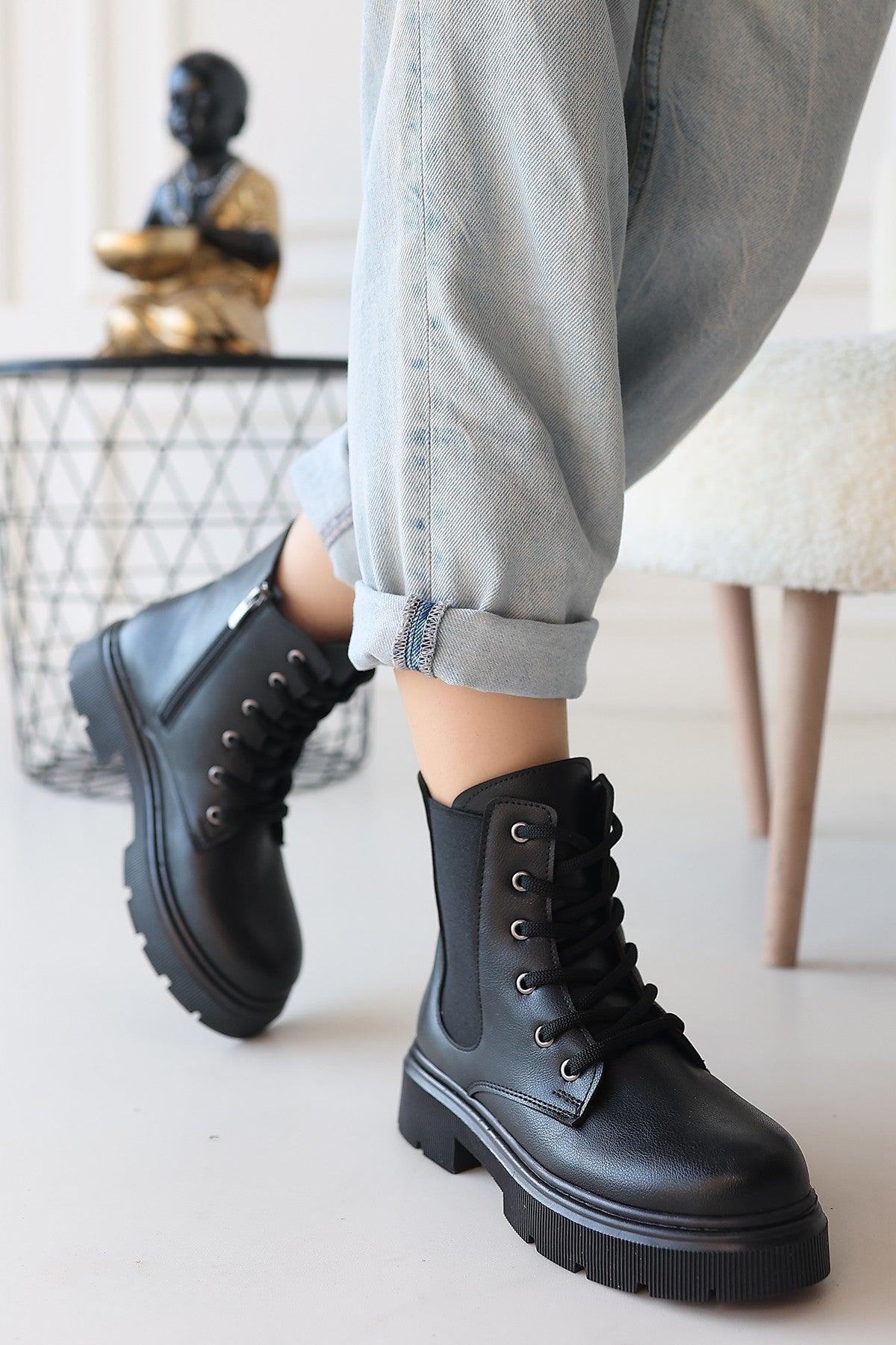 Women's Black Leather Lace-Up Boots - STREETMODE™