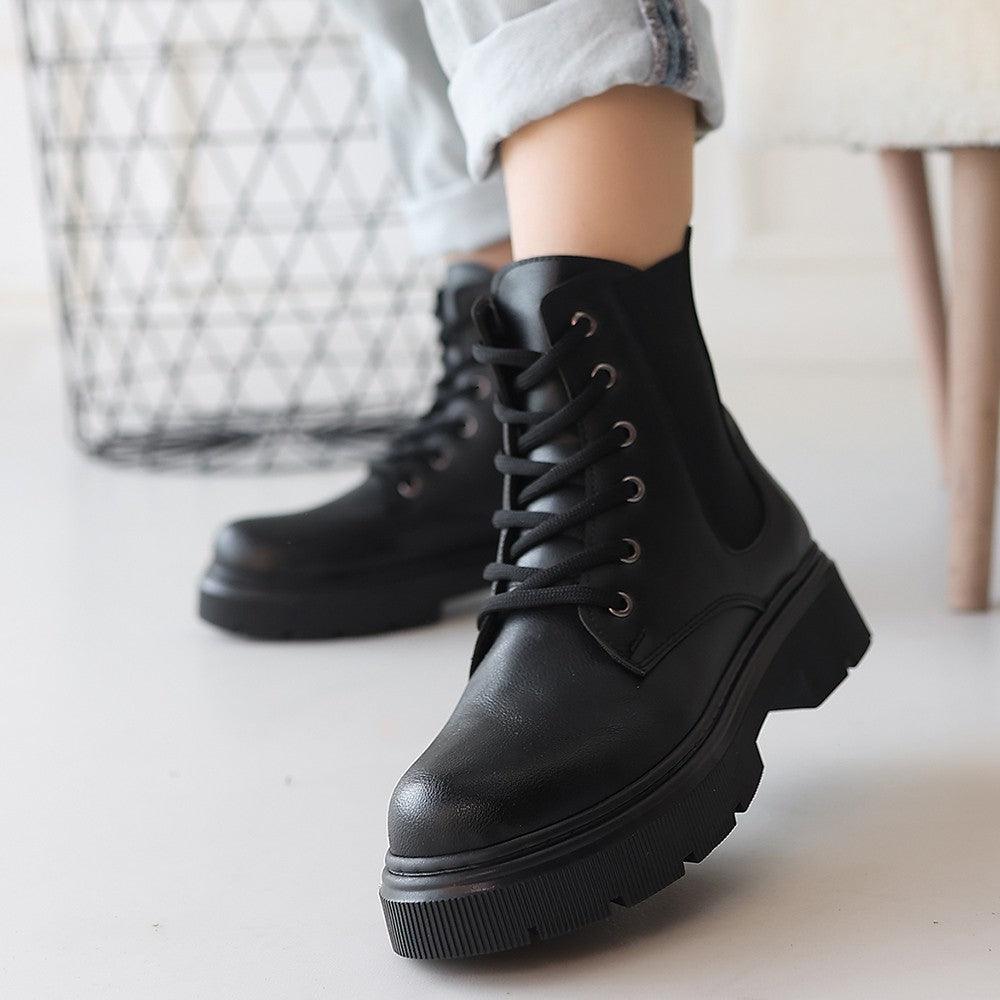 Women's Black Leather Lace-Up Boots - STREETMODE™