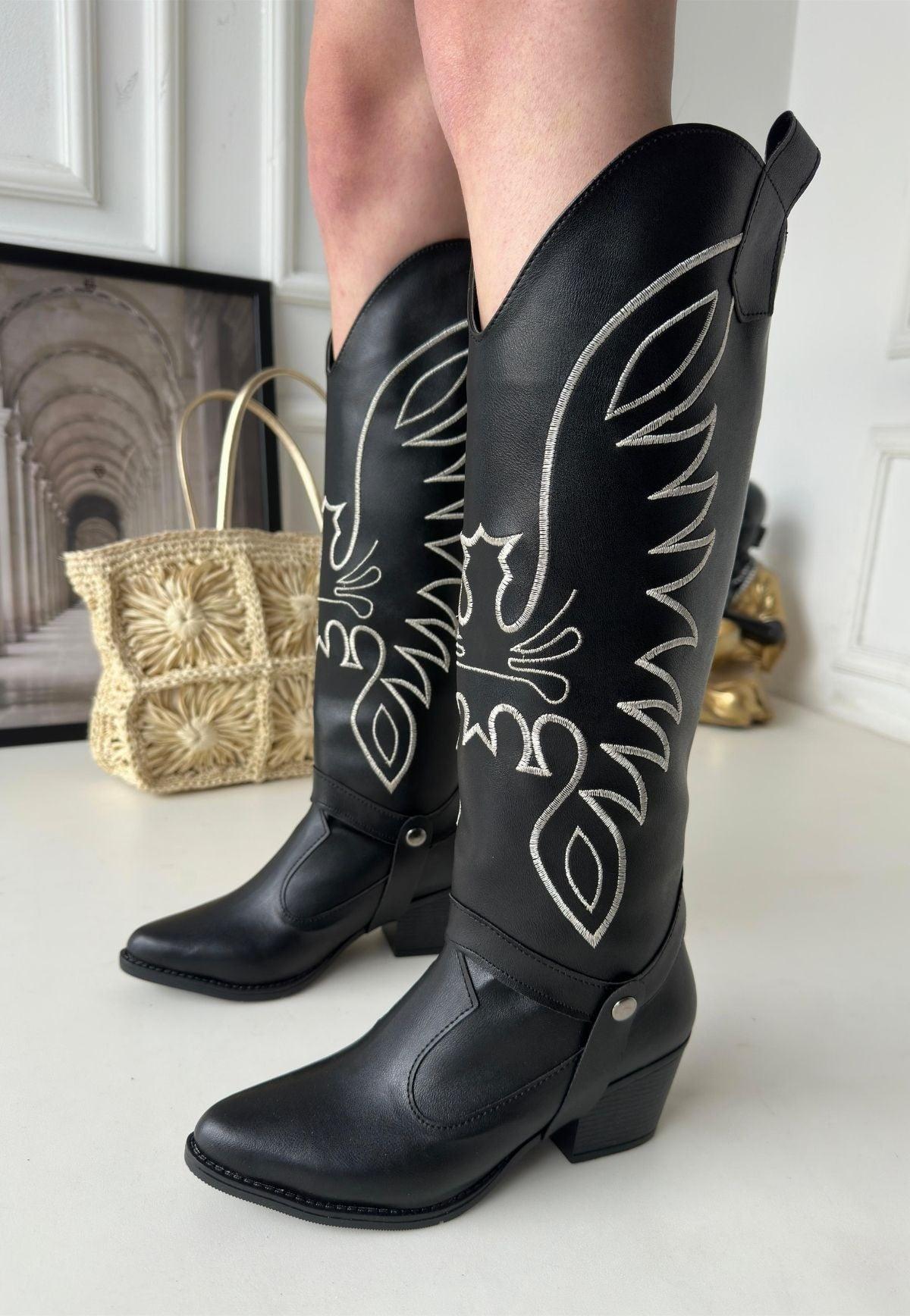 Women's Black Leather Slip-On High Heel Boots And Boots - STREETMODE™