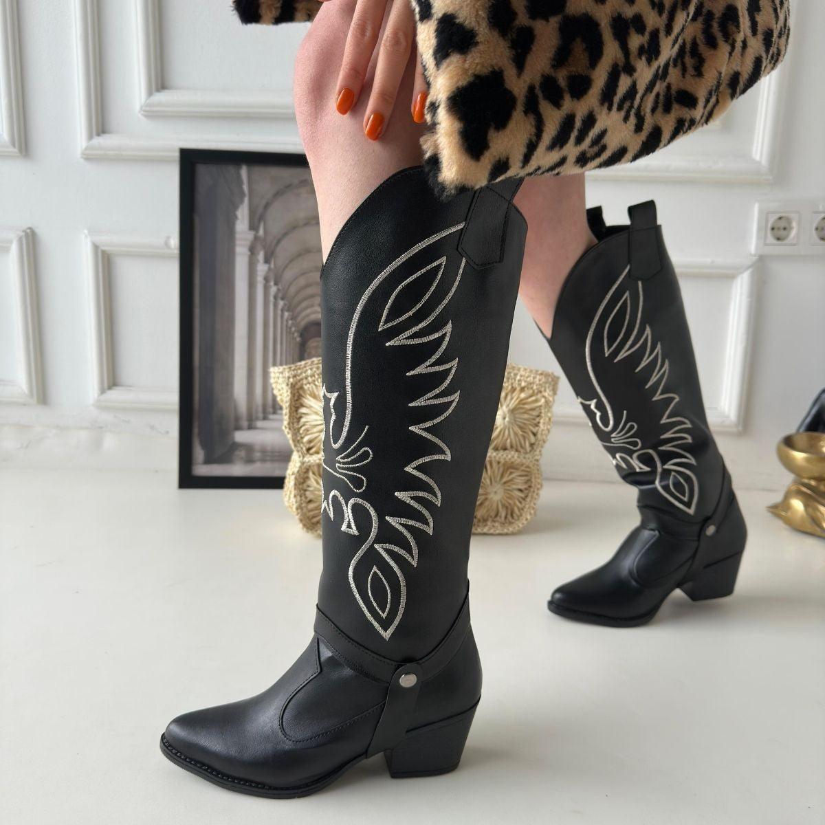 Women's Black Leather Slip-On High Heel Boots And Boots - STREETMODE™