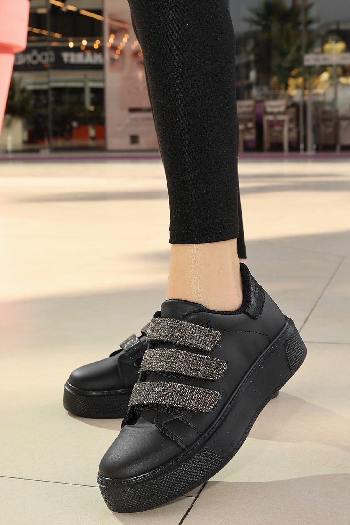 Women's Black Leather Velcro Sports Shoes - STREETMODE™
