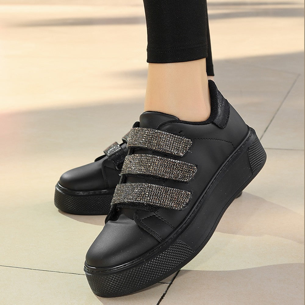 Women's Black Leather Velcro Sports Shoes - STREETMODE™