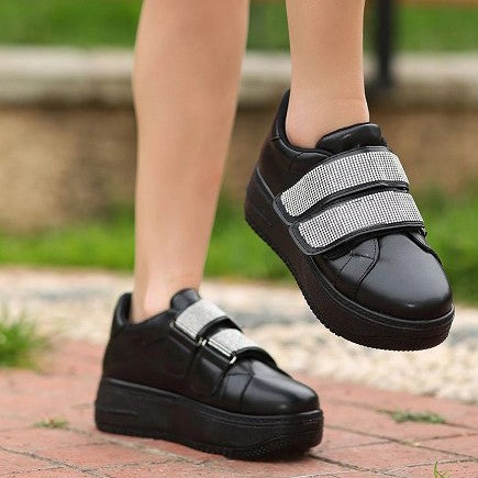 Women's Black Leather Velcro Sports Shoes - STREETMODE™