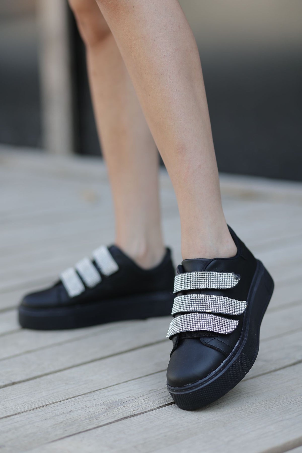 Women's Black Leather Velcro Sports Shoes - STREETMODE™