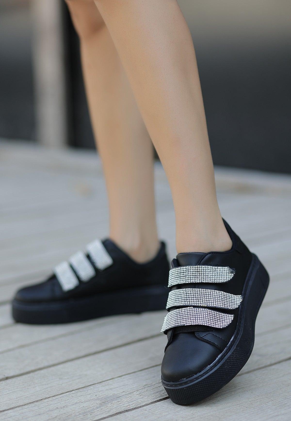 Women's Black Leather Velcro Sports Shoes - STREETMODE™