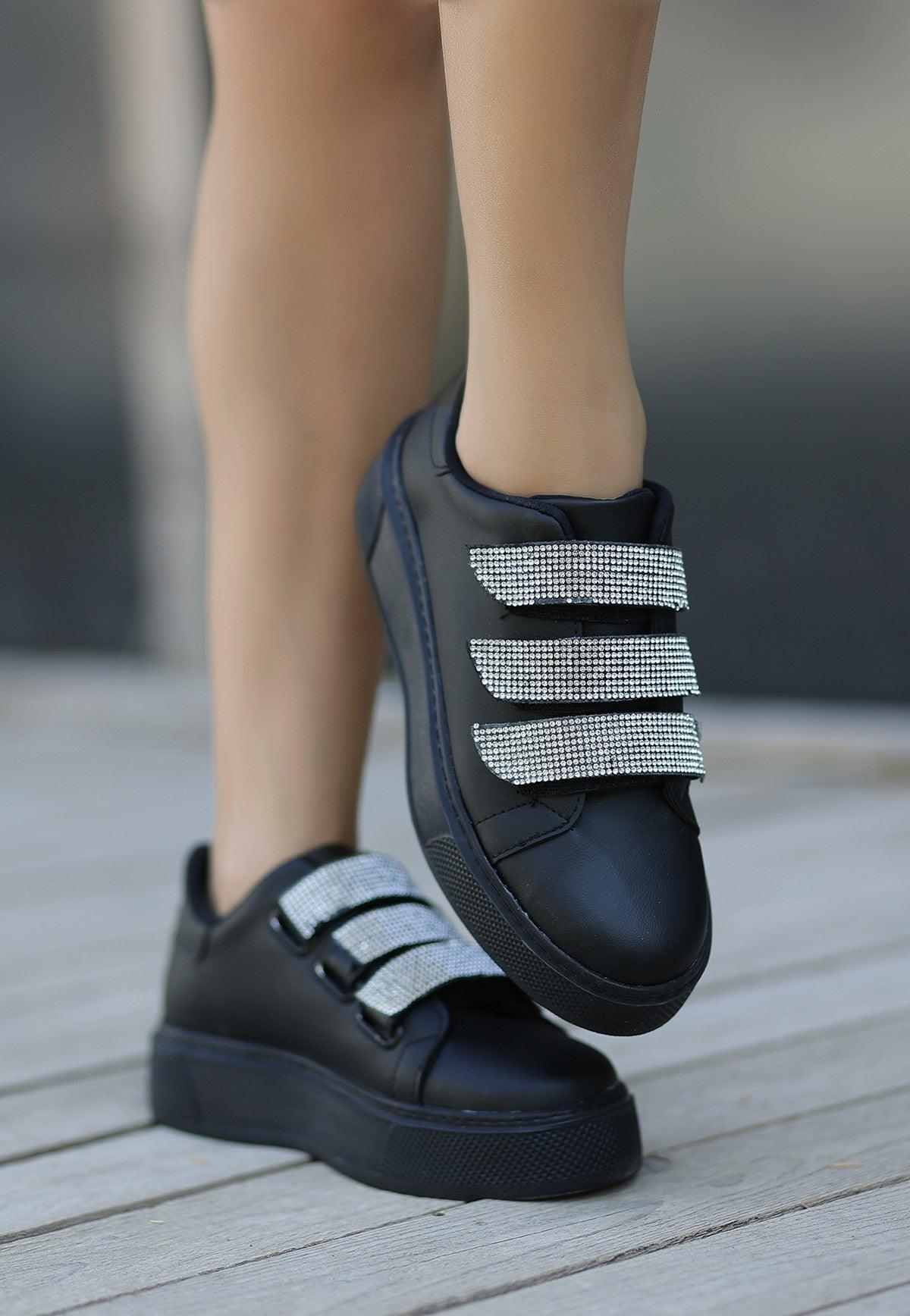 Women's Black Leather Velcro Sports Shoes - STREETMODE™