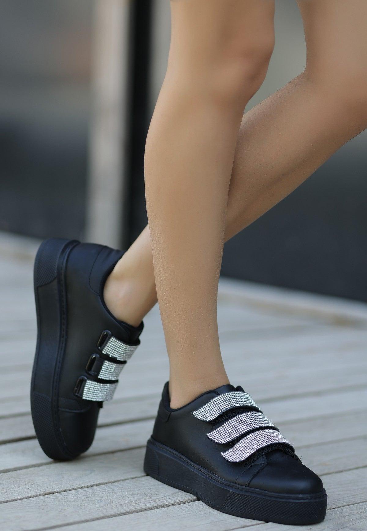 Women's Black Leather Velcro Sports Shoes - STREETMODE™