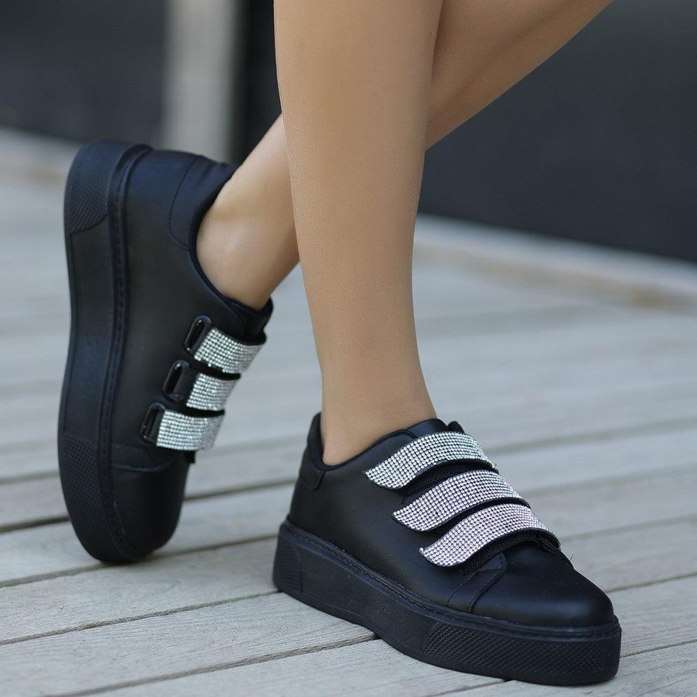 Women's Black Leather Velcro Sports Shoes - STREETMODE™