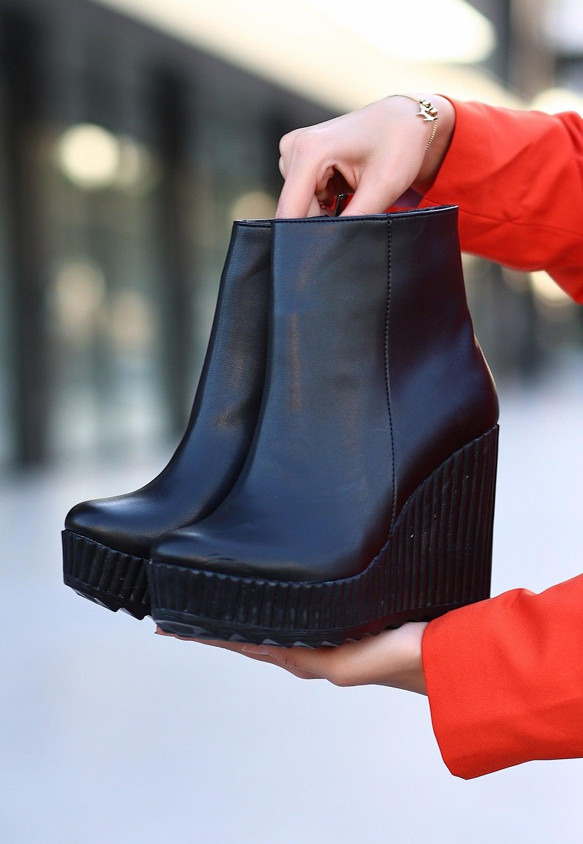 Women's Black Leather Wedge Heel Boots - STREETMODE™