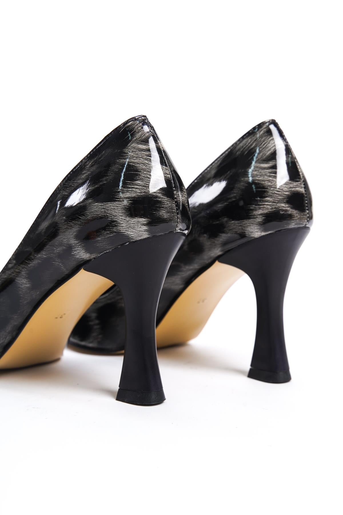 Women's Black Leopard Pattern Patent Leather Painted Heel Casual Shoes - STREETMODE™