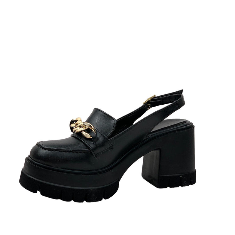 Women's Black Open Back Leofer Shoes with Chain Buckle 10 cm 650 - STREETMODE™