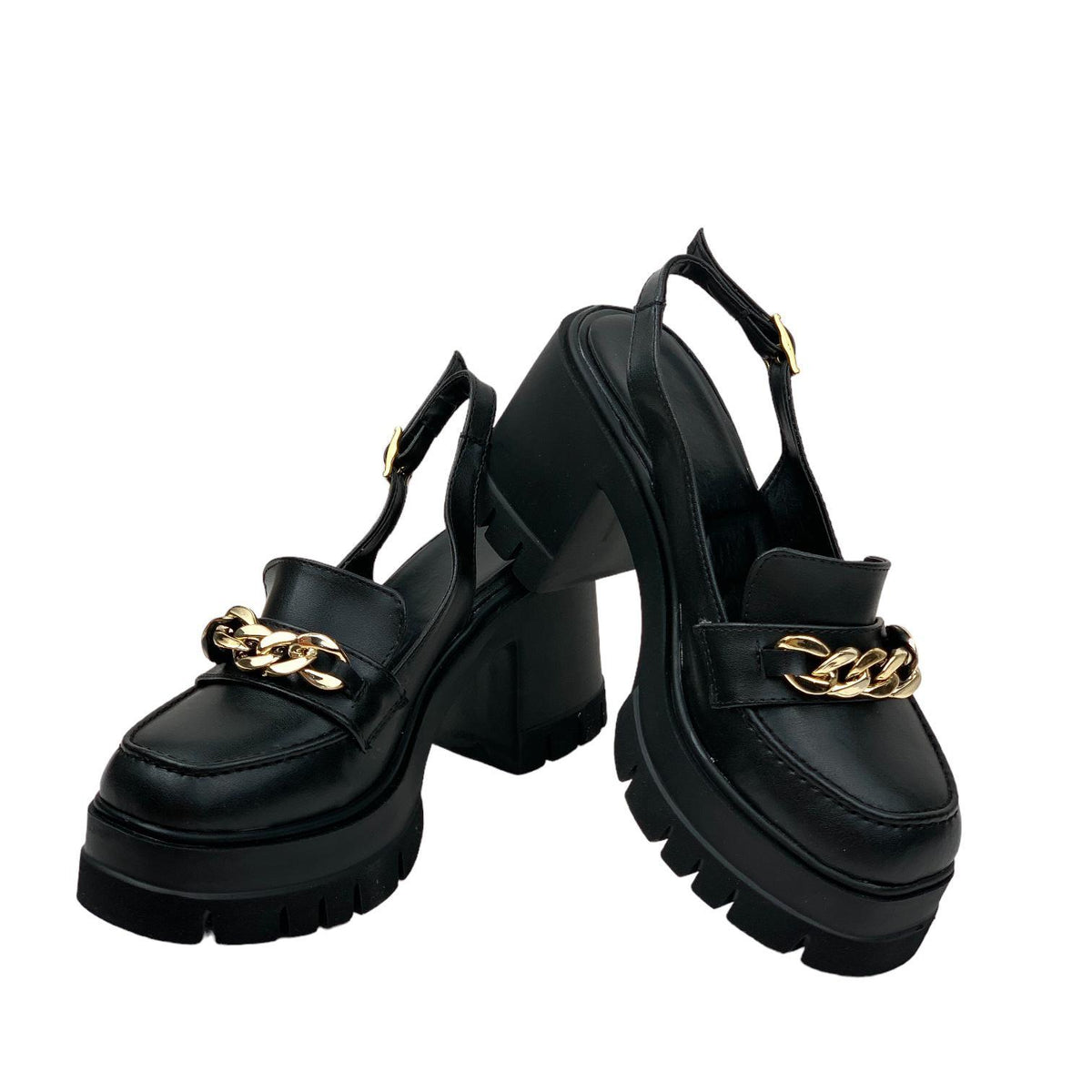 Women's Black Open Back Leofer Shoes with Chain Buckle 10 cm 650 - STREETMODE™