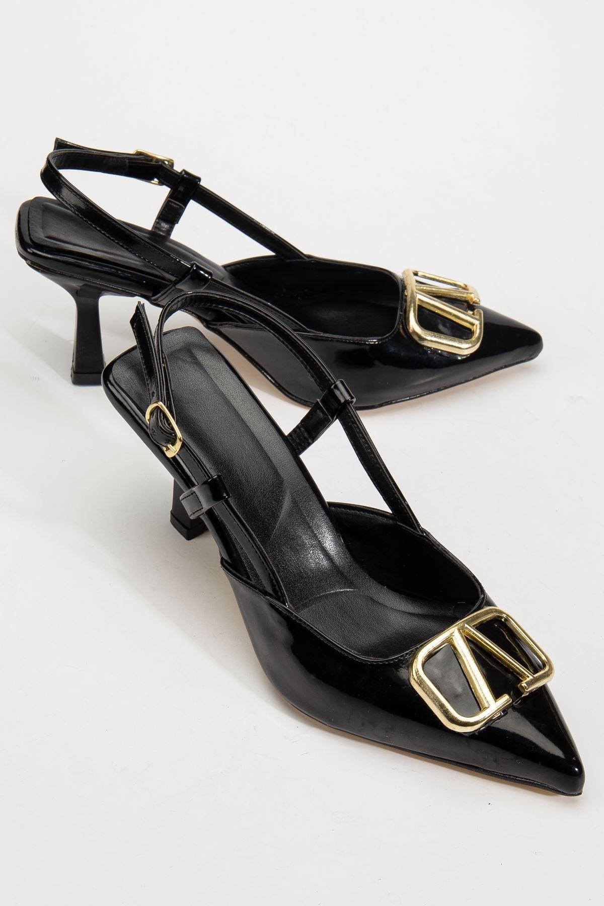 Women's Black Patent Leather Buckle Detailed Thin Heeled Shoes - STREETMODE™