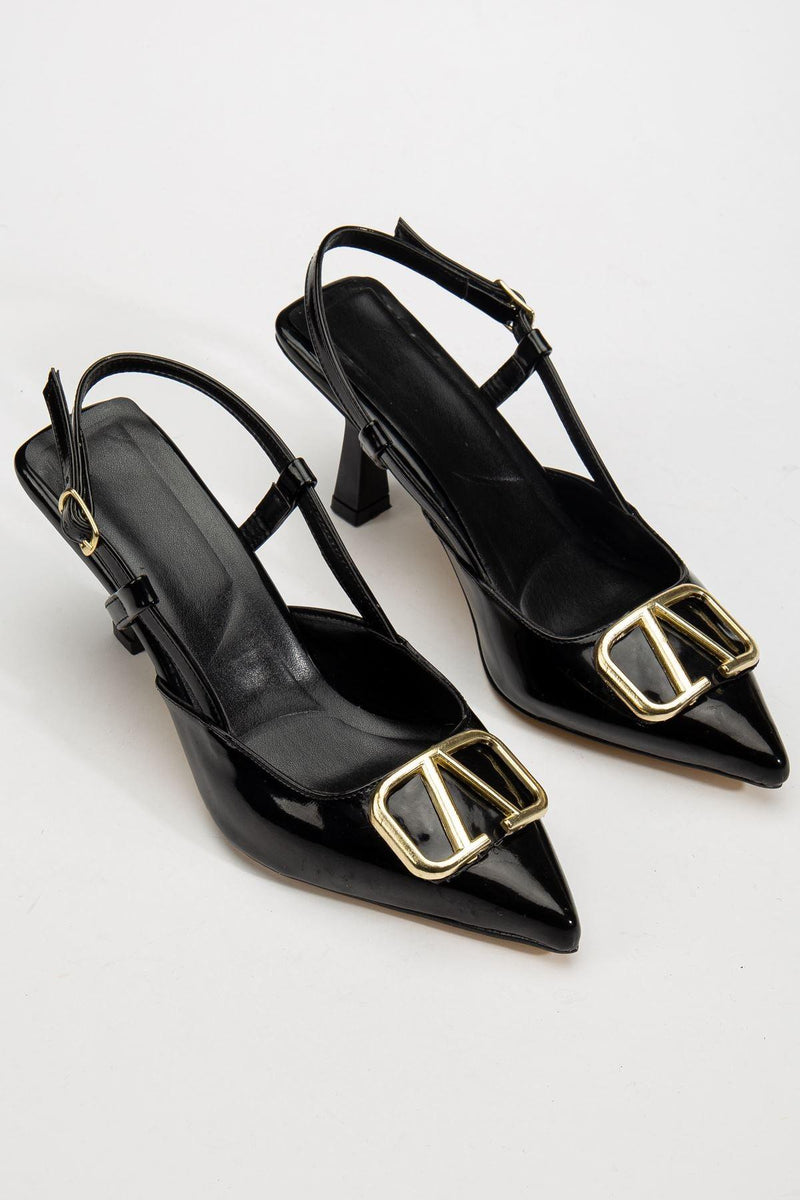 Women's Black Patent Leather Buckle Detailed Thin Heeled Shoes - STREETMODE™