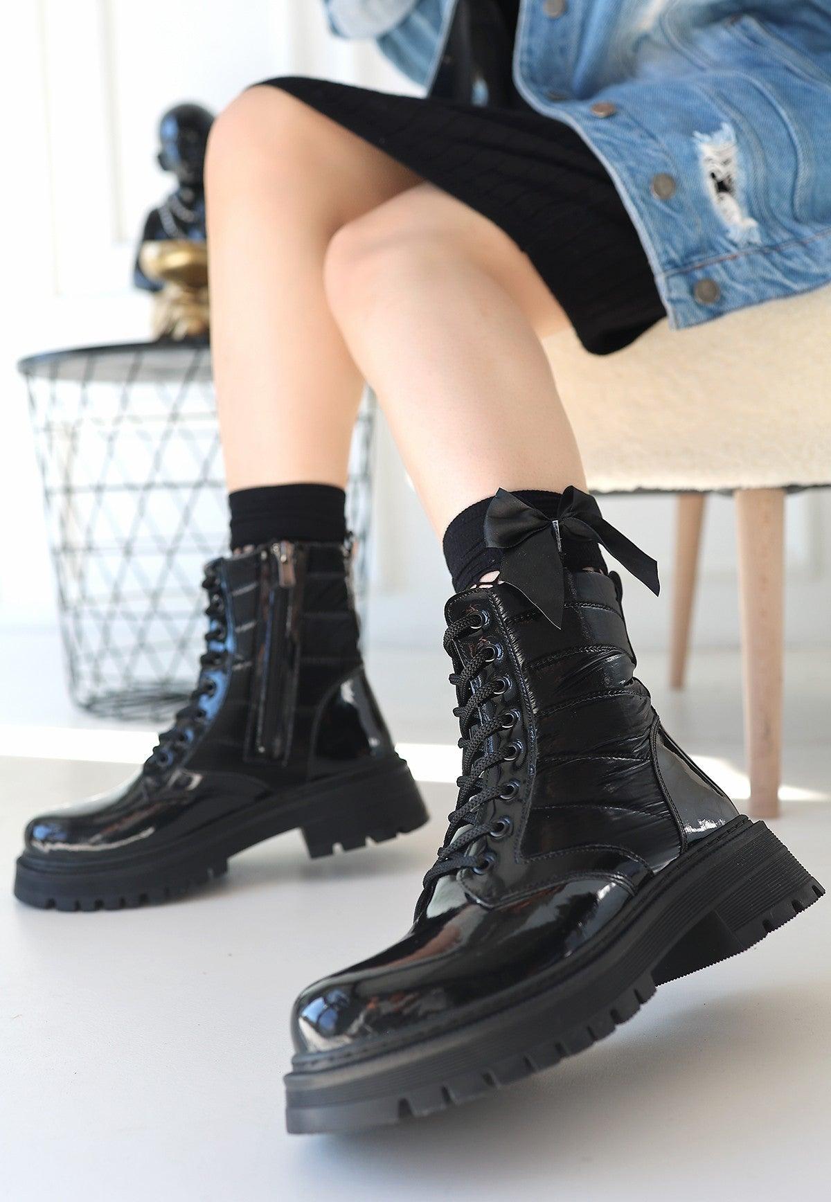 Women's Black Patent Leather Lace-Up Boots - STREETMODE™