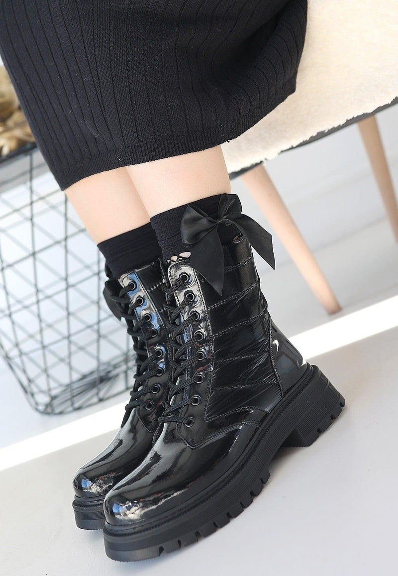 Women's Black Patent Leather Lace-Up Boots - STREETMODE™