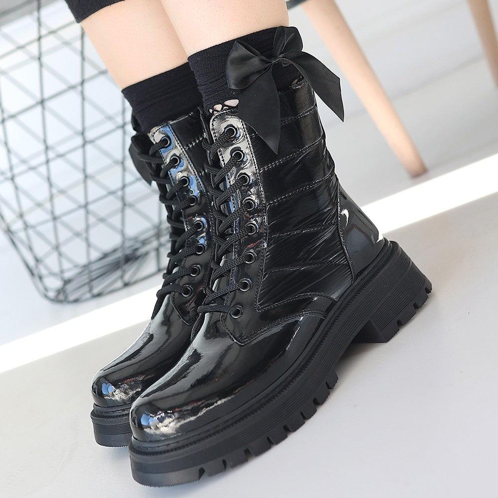 Women's Black Patent Leather Lace-Up Boots - STREETMODE™