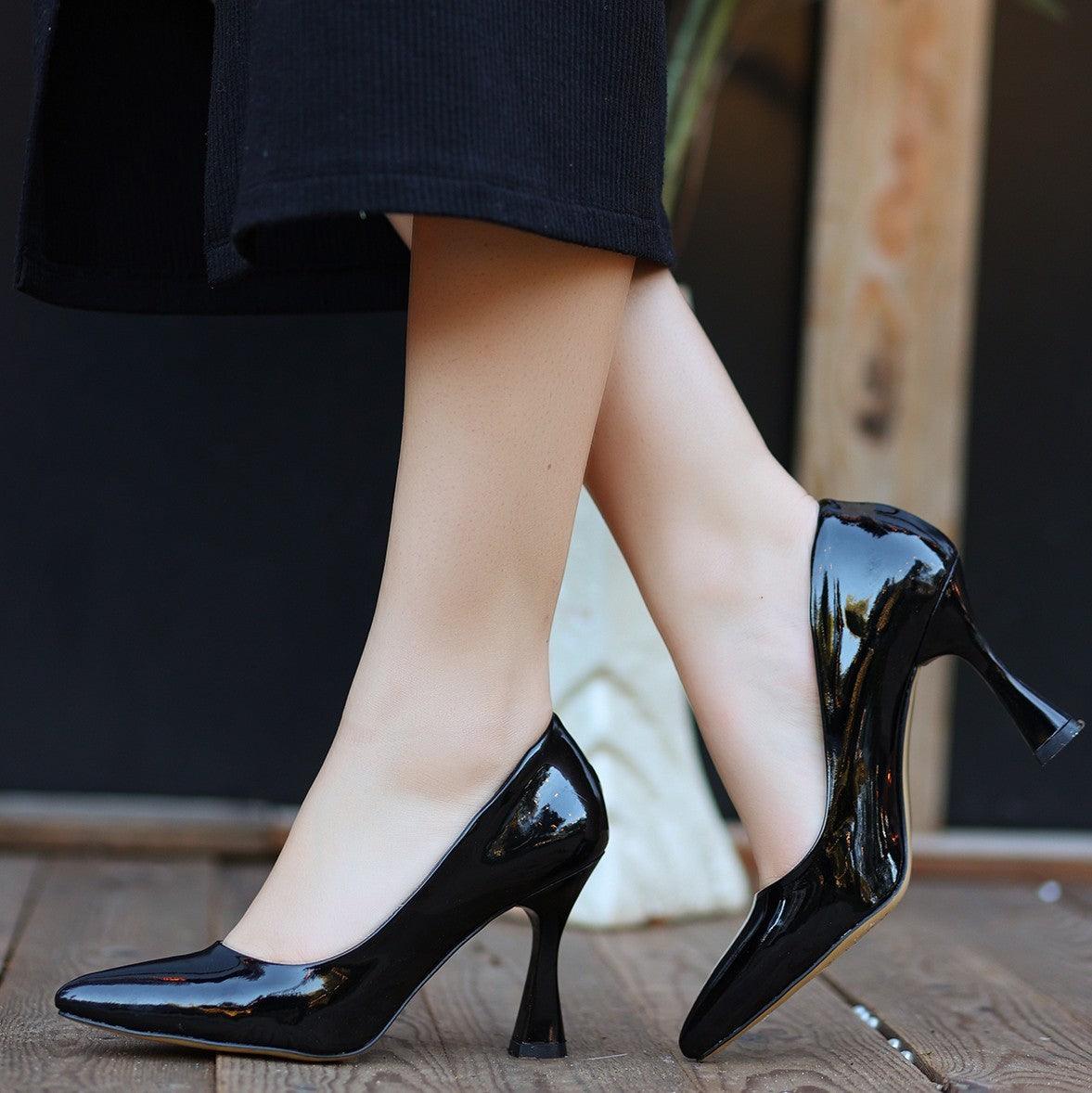 Women's Black Patent Leather Stiletto Shoes - STREETMODE™