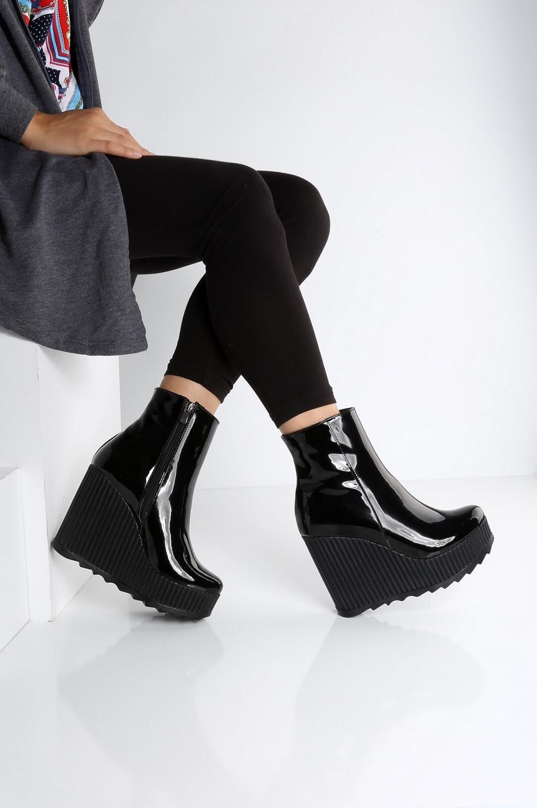 Women's Black Patent Leather Wedge Heel Boots - STREETMODE™
