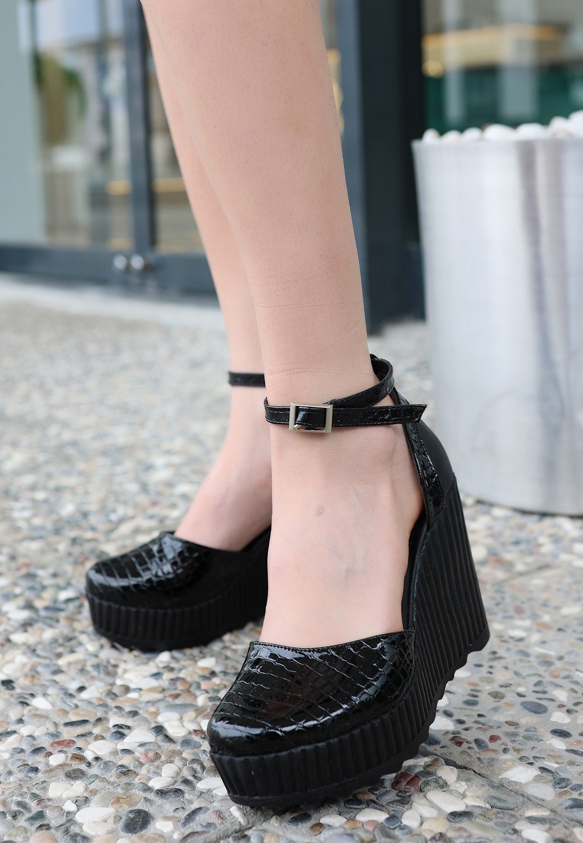 Women's Black Patent Leather Wedge Heel Shoes - STREETMODE™