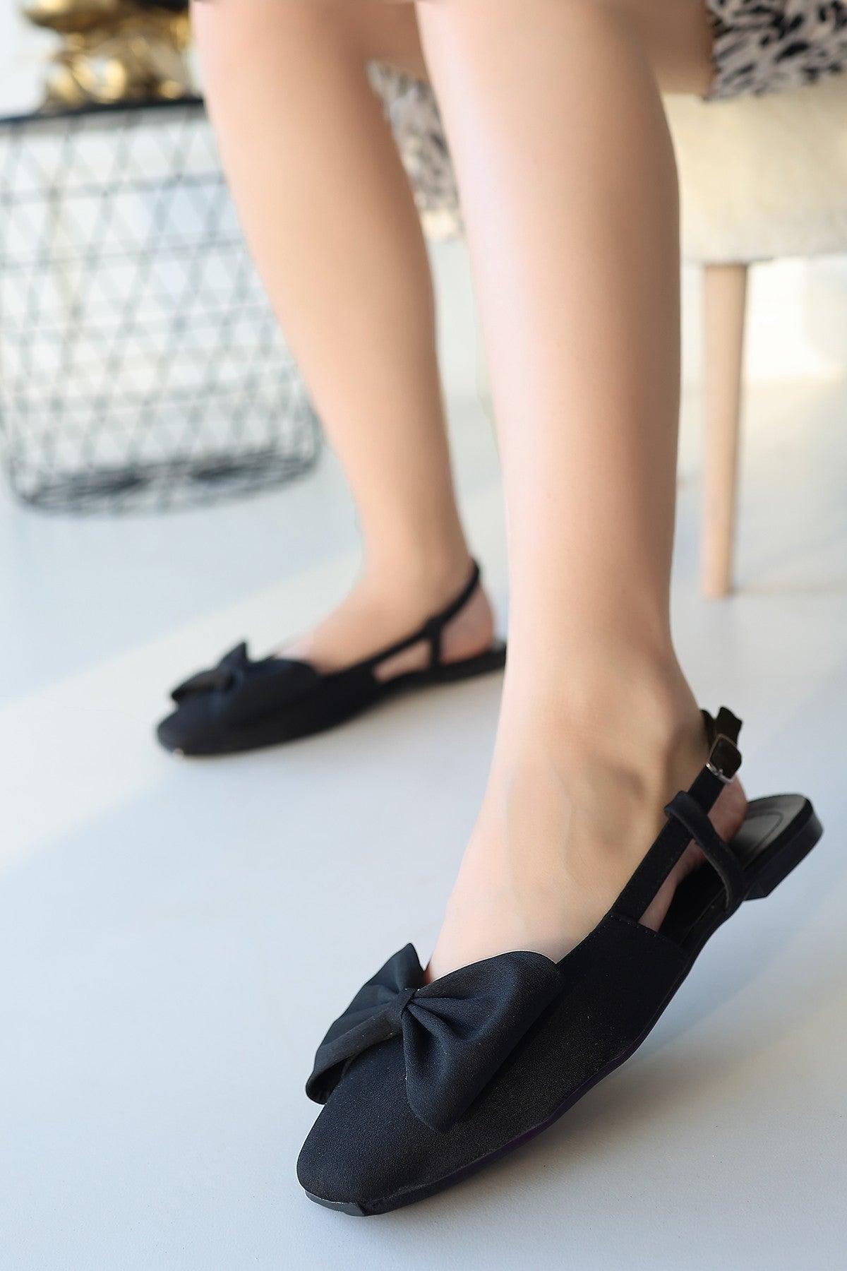 Women's Black Satin Bowknot Ballerina Shoes - STREETMODE™