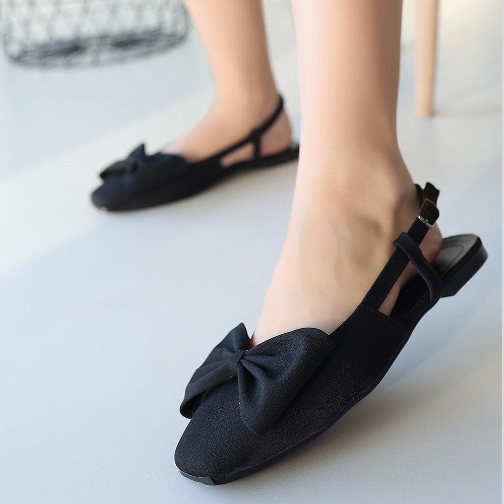 Women's Black Satin Bowknot Ballerina Shoes - STREETMODE™