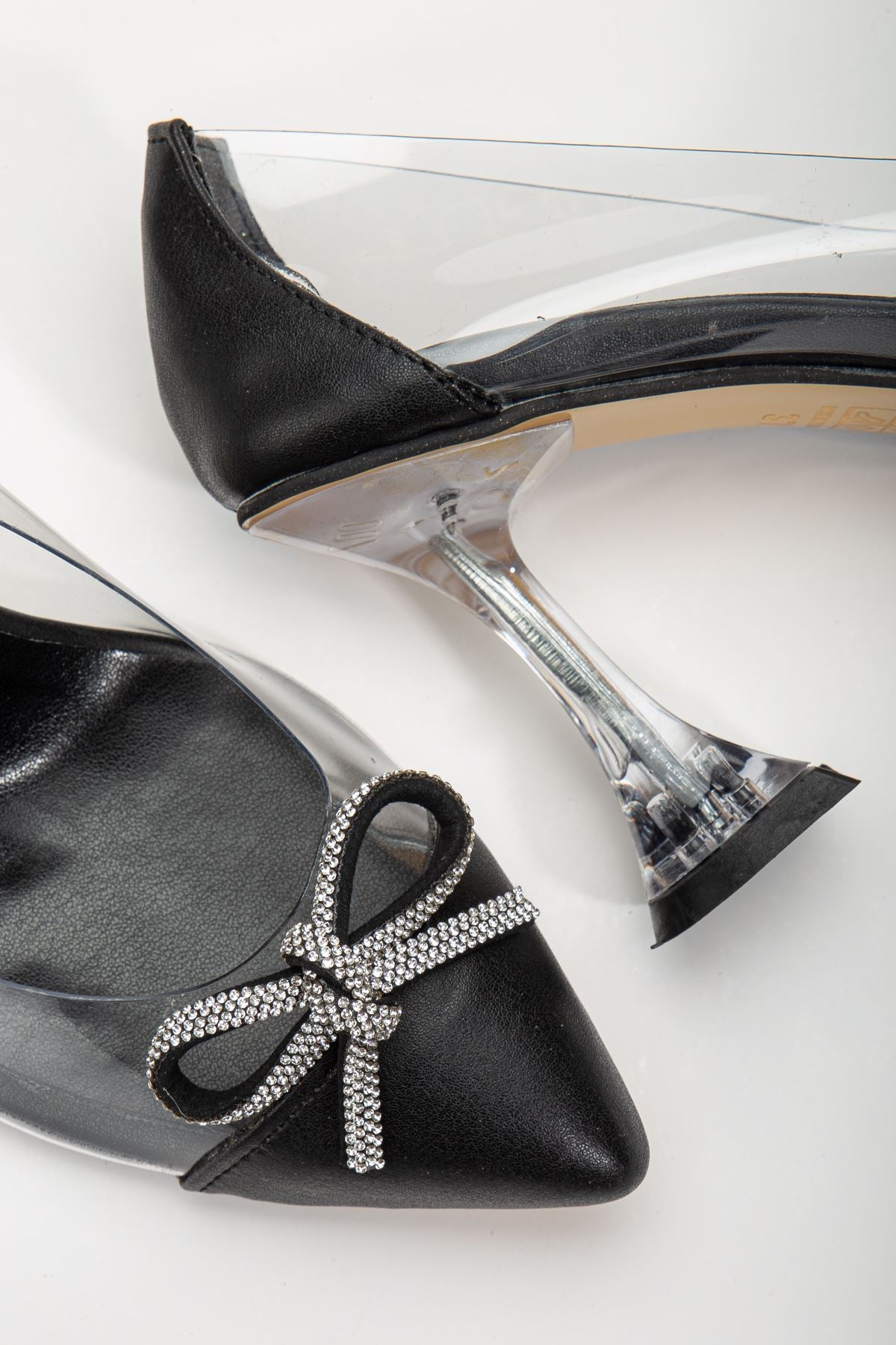Women's Black Stiletto Stone Skin Transparent Heeled Shoes - STREETMODE™