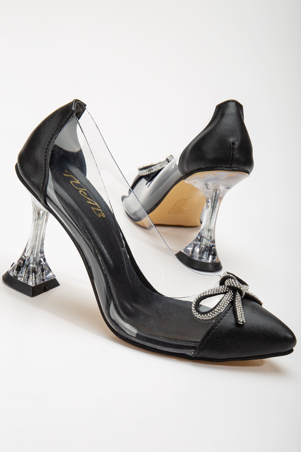 Women's Black Stiletto Stone Skin Transparent Heeled Shoes - STREETMODE™