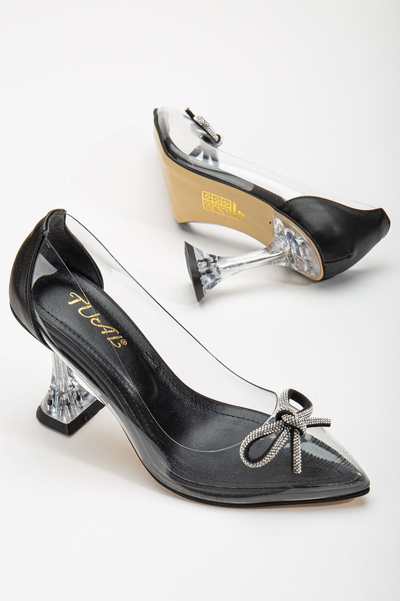 Women's Black Stiletto Stone Transparent Heeled Shoes - STREETMODE™