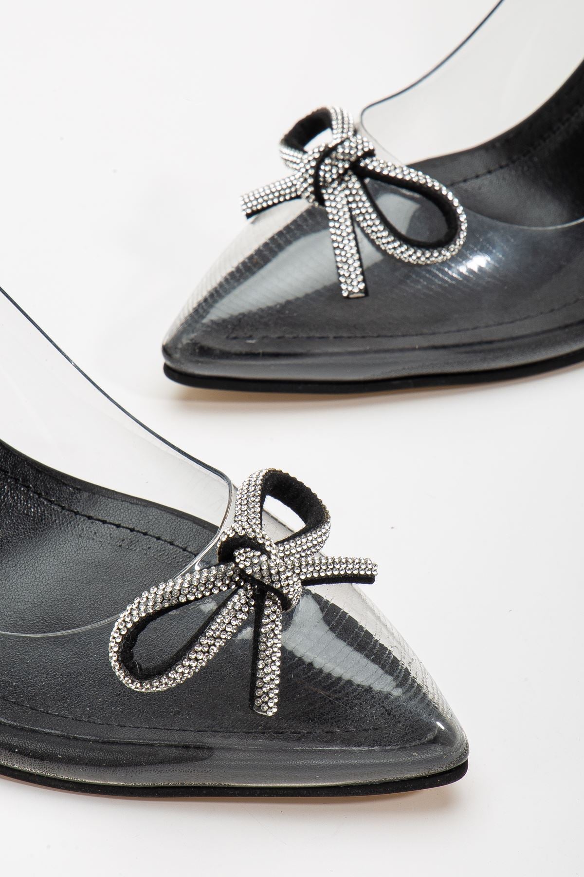 Women's Black Stiletto Stone Transparent Heeled Shoes - STREETMODE™