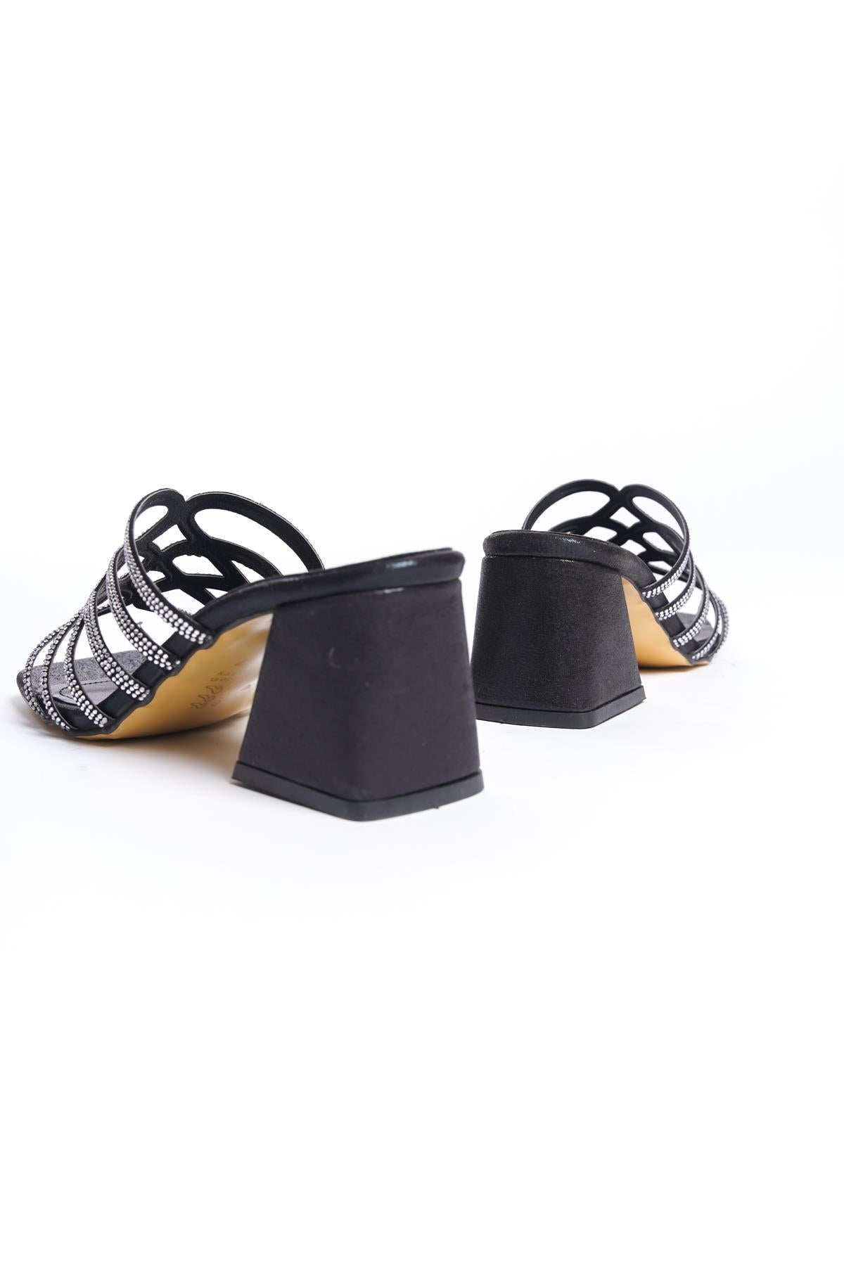 Women's Black Stone Detailed 5 cm Heel Slippers - STREETMODE™