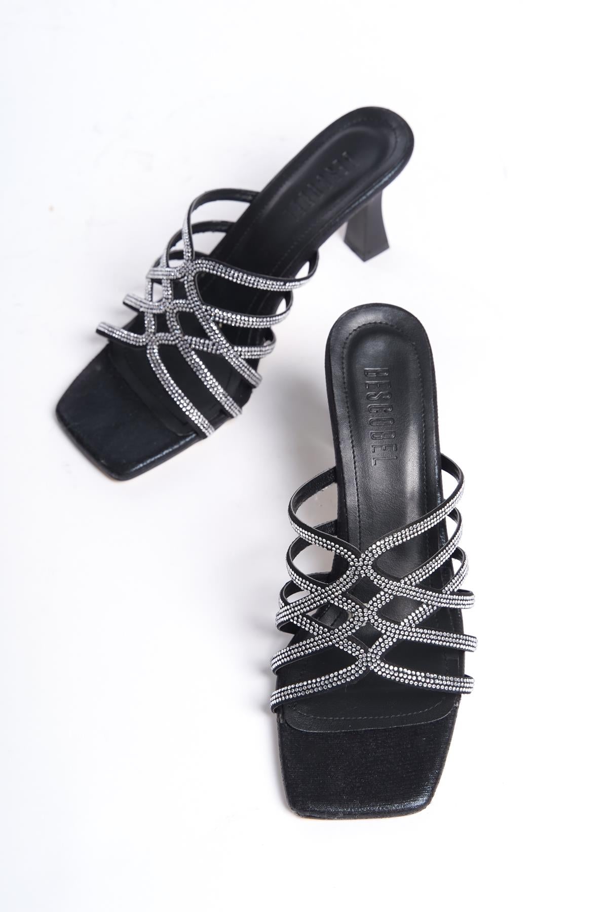 Women's Black Stone Detailed 8 cm Heel Slippers - STREETMODE™