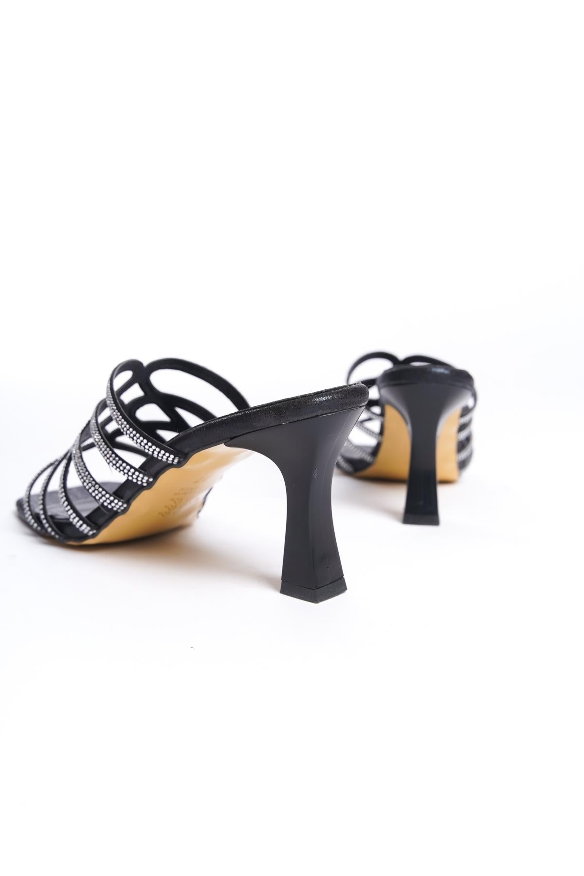 Women's Black Stone Detailed 8 cm Heel Slippers - STREETMODE™