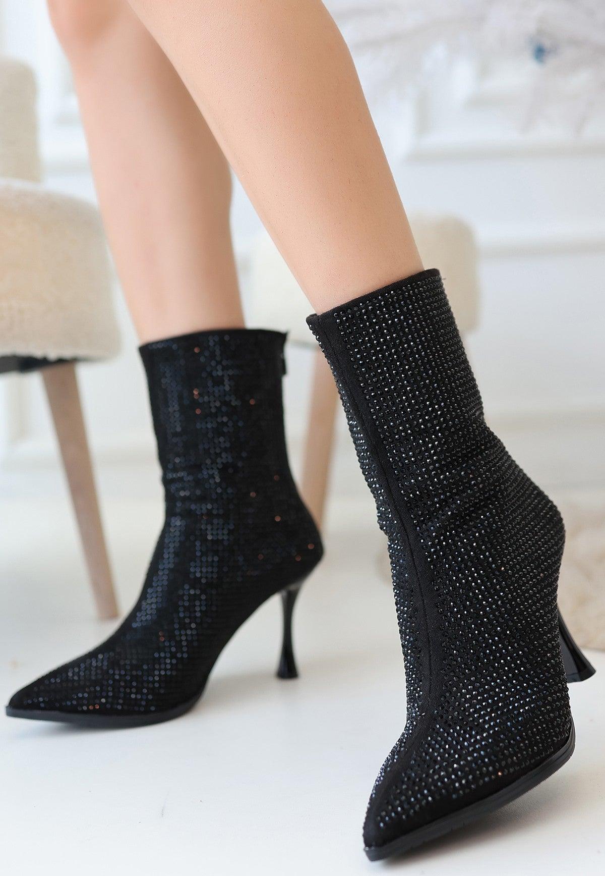 Women's Black Suede Black Stone Heeled Boots - STREETMODE™