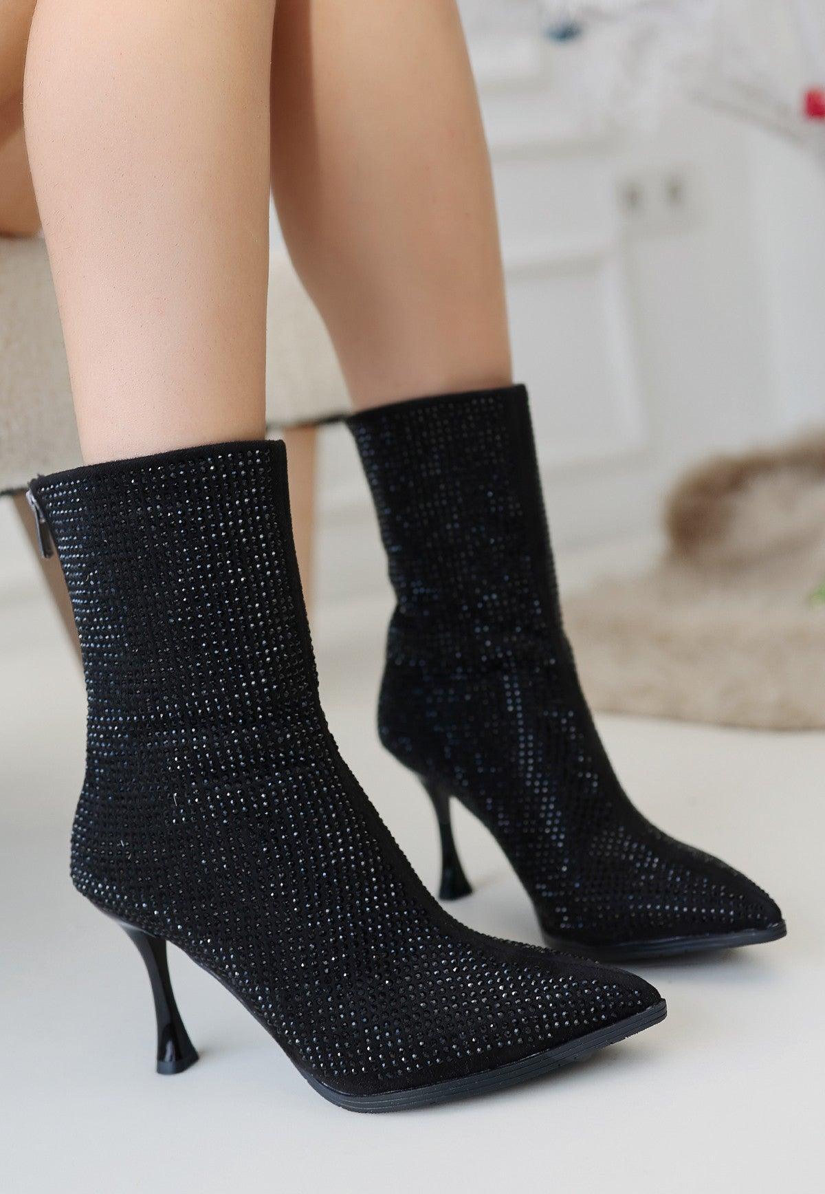 Women's Black Suede Black Stone Heeled Boots - STREETMODE™