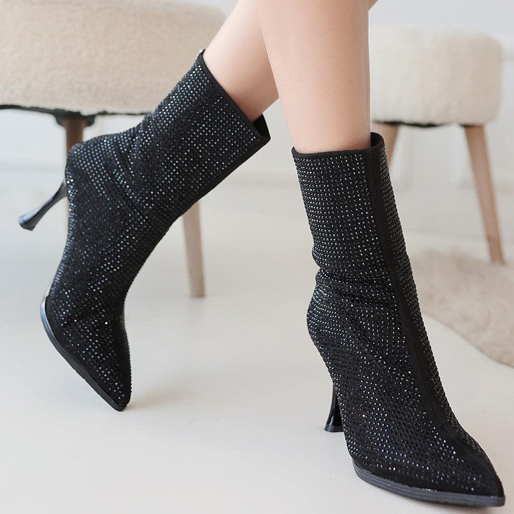 Women's Black Suede Black Stone Heeled Boots - STREETMODE™