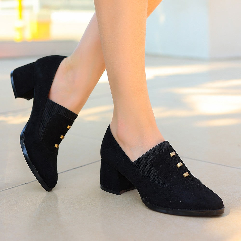 Women's Black Suede Heeled Shoes - STREETMODE™
